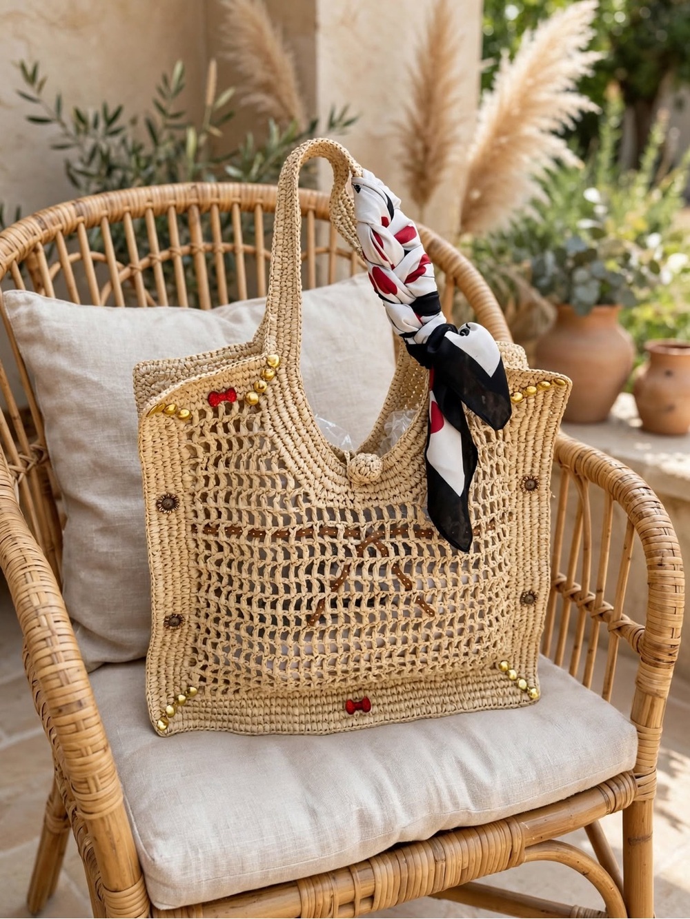 H&M Natural Woven Tote with Black, White & Red Scarf